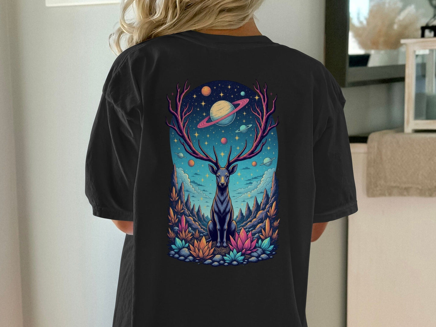 Deer Space T-Shirt, Galaxy Antlers, Mystical Stag Tee, Celestial Graphic Shirt, Gift for Nature Lovers, Universe Design, Trendy Unisex - IconVexa