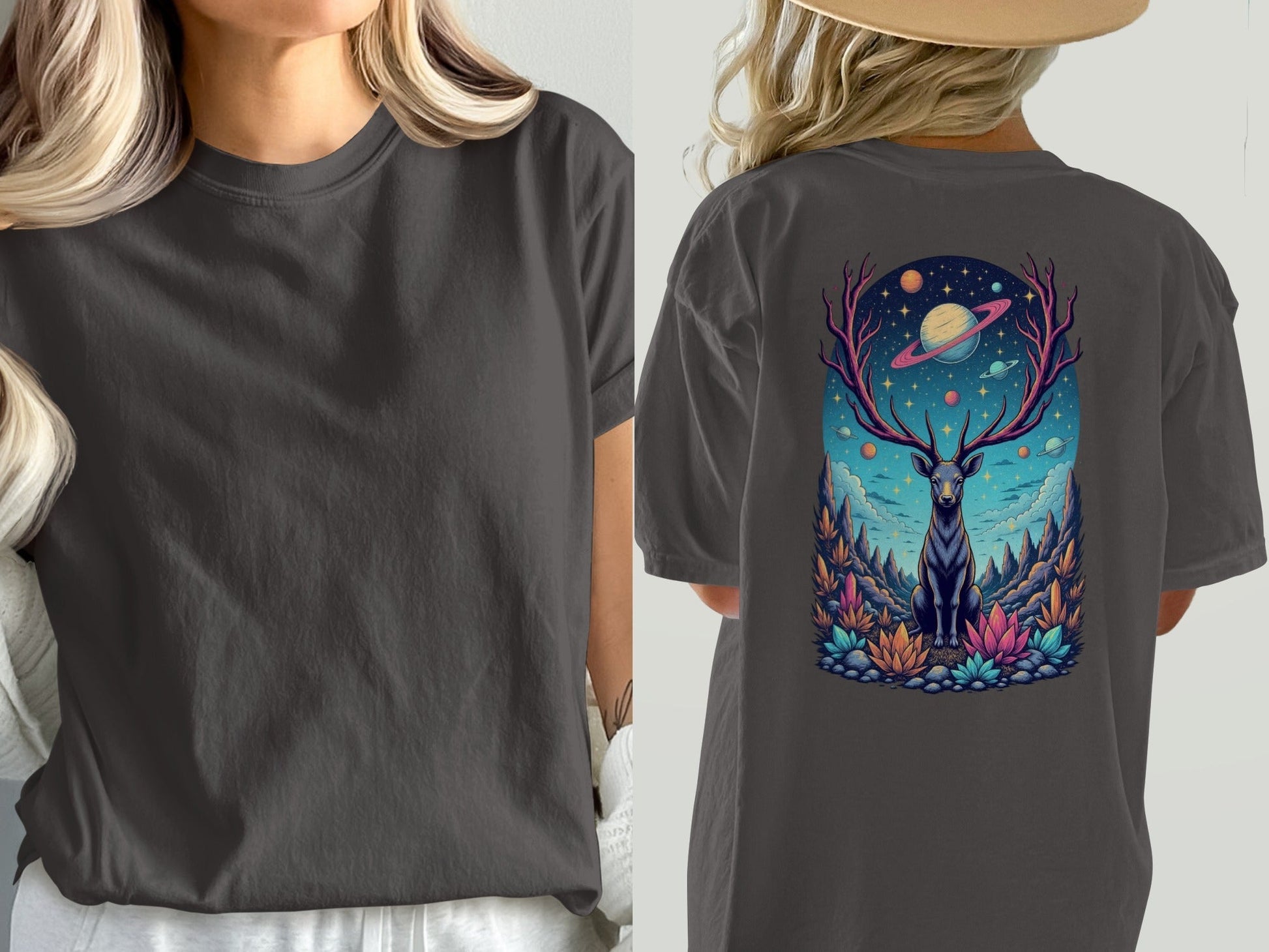 Deer Space T-Shirt, Galaxy Antlers, Mystical Stag Tee, Celestial Graphic Shirt, Gift for Nature Lovers, Universe Design, Trendy Unisex - IconVexa