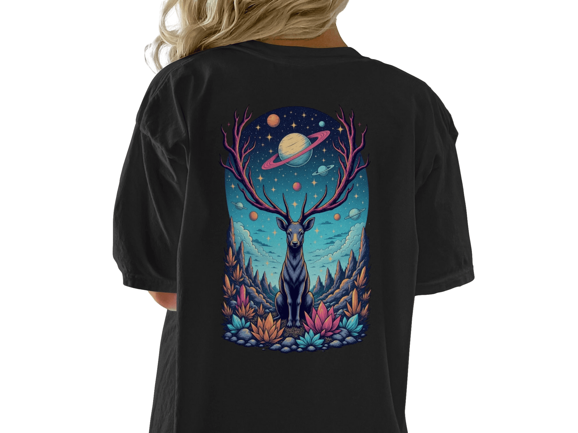 Deer Space T-Shirt, Galaxy Antlers, Mystical Stag Tee, Celestial Graphic Shirt, Gift for Nature Lovers, Universe Design, Trendy Unisex - IconVexa