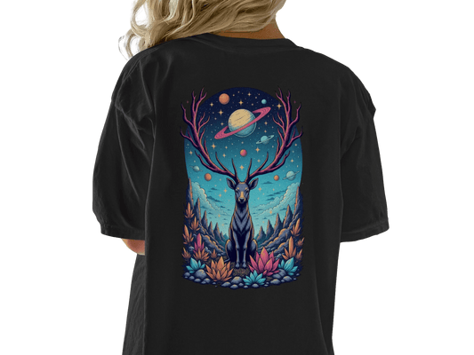 Deer Space T-Shirt, Galaxy Antlers, Mystical Stag Tee, Celestial Graphic Shirt, Gift for Nature Lovers, Universe Design, Trendy Unisex - IconVexa