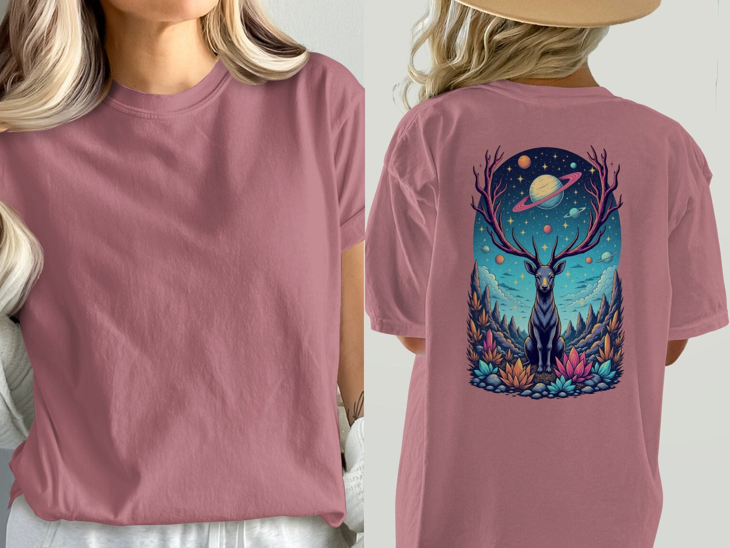 Deer Space T-Shirt, Galaxy Antlers, Mystical Stag Tee, Celestial Graphic Shirt, Gift for Nature Lovers, Universe Design, Trendy Unisex - IconVexa