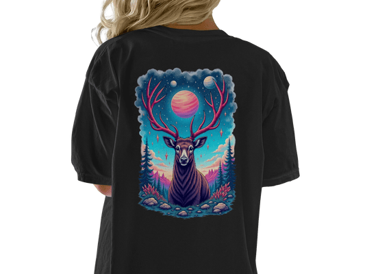 Deer T-Shirt, Cosmic Deer Shirt, Planet and Stars, Animal T-Shirt, Nature T-Shirt, Deer Lover Gift, Graphic Tee, Trendy T-Shirt - IconVexa