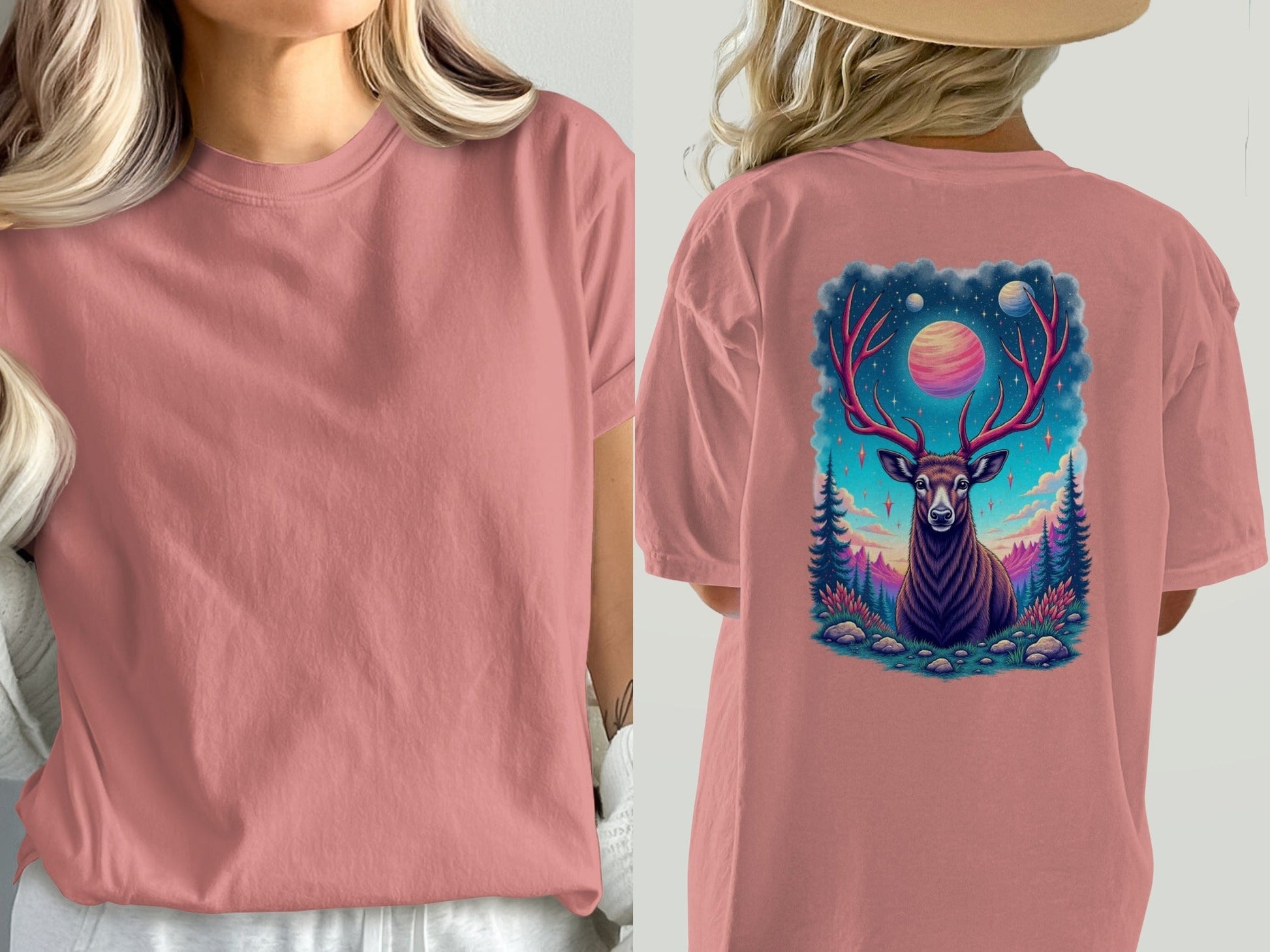 Deer T-Shirt, Cosmic Deer Shirt, Planet and Stars, Animal T-Shirt, Nature T-Shirt, Deer Lover Gift, Graphic Tee, Trendy T-Shirt - IconVexa