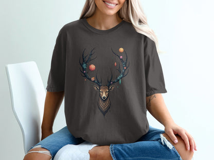Deer With Planets on Antlers Graphic Style Art T-Shirt - IconVexa