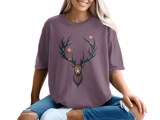 Deer With Planets on Antlers Graphic Style Art T-Shirt - IconVexa
