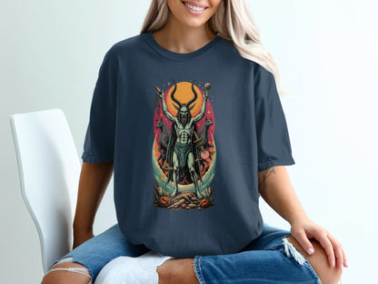 Demon With Dogs In front of Sunset Graphic Print T-Shirt - IconVexa