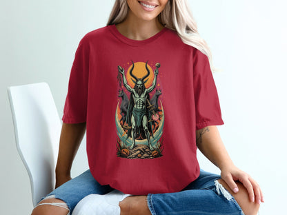 Demon With Dogs In front of Sunset Graphic Print T-Shirt - IconVexa