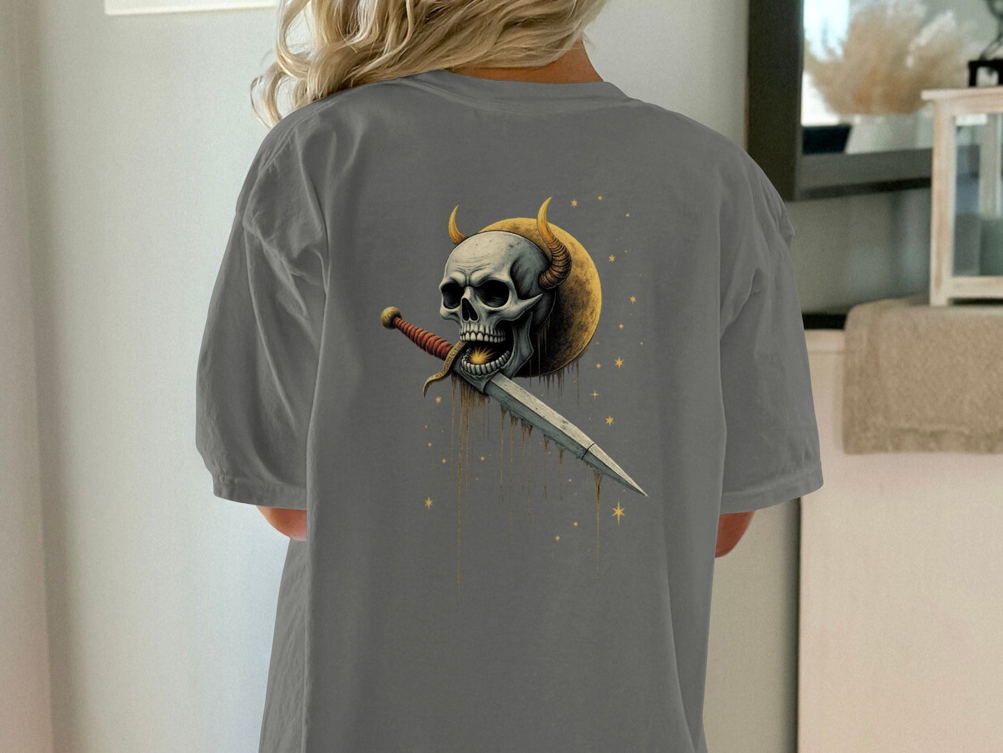 Devil Horned Skull Sword Graphic Fashion Premium T-Shirt - IconVexa