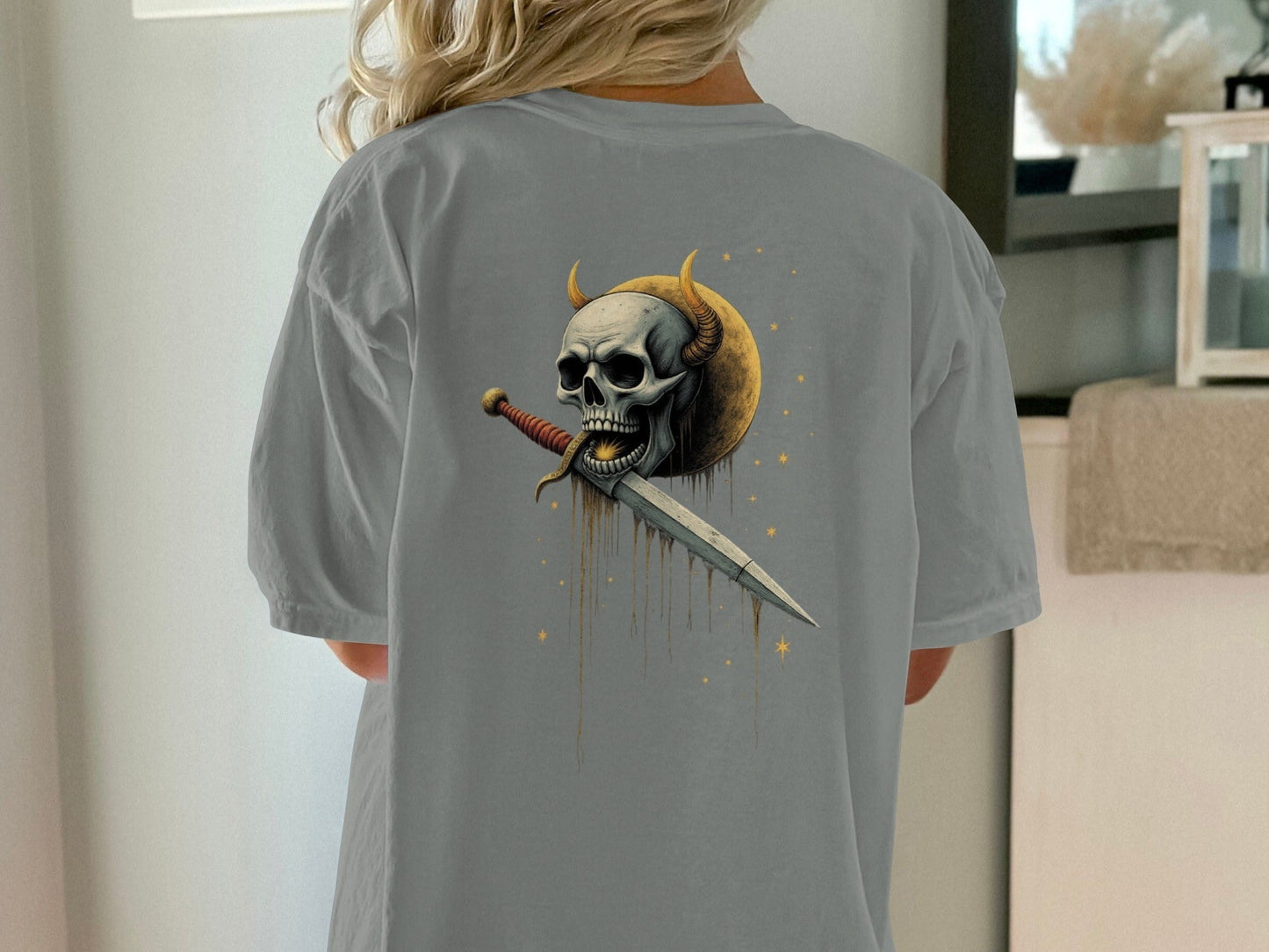 Devil Horned Skull Sword Graphic Fashion Premium T-Shirt - IconVexa