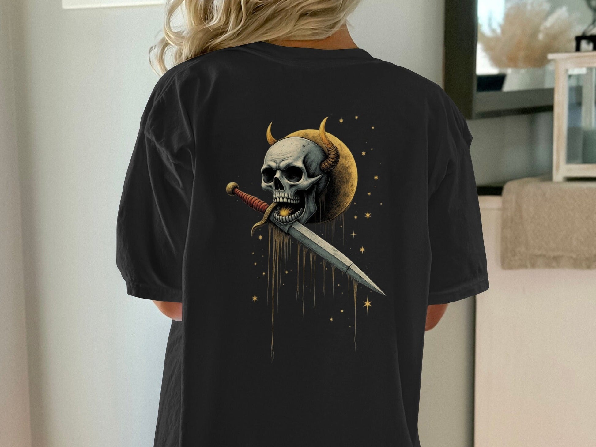 Devil Horned Skull Sword Graphic Fashion Premium T-Shirt - IconVexa