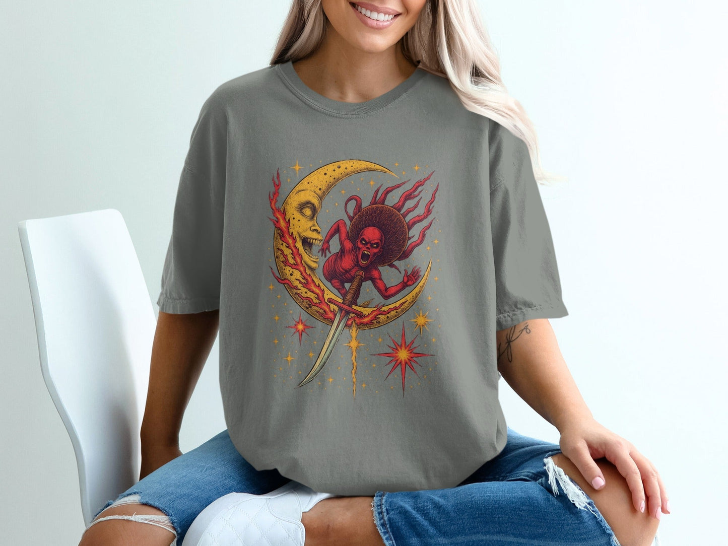 Devil Moon Design Featuring Sword Stars Illustrated T-Shirt - IconVexa