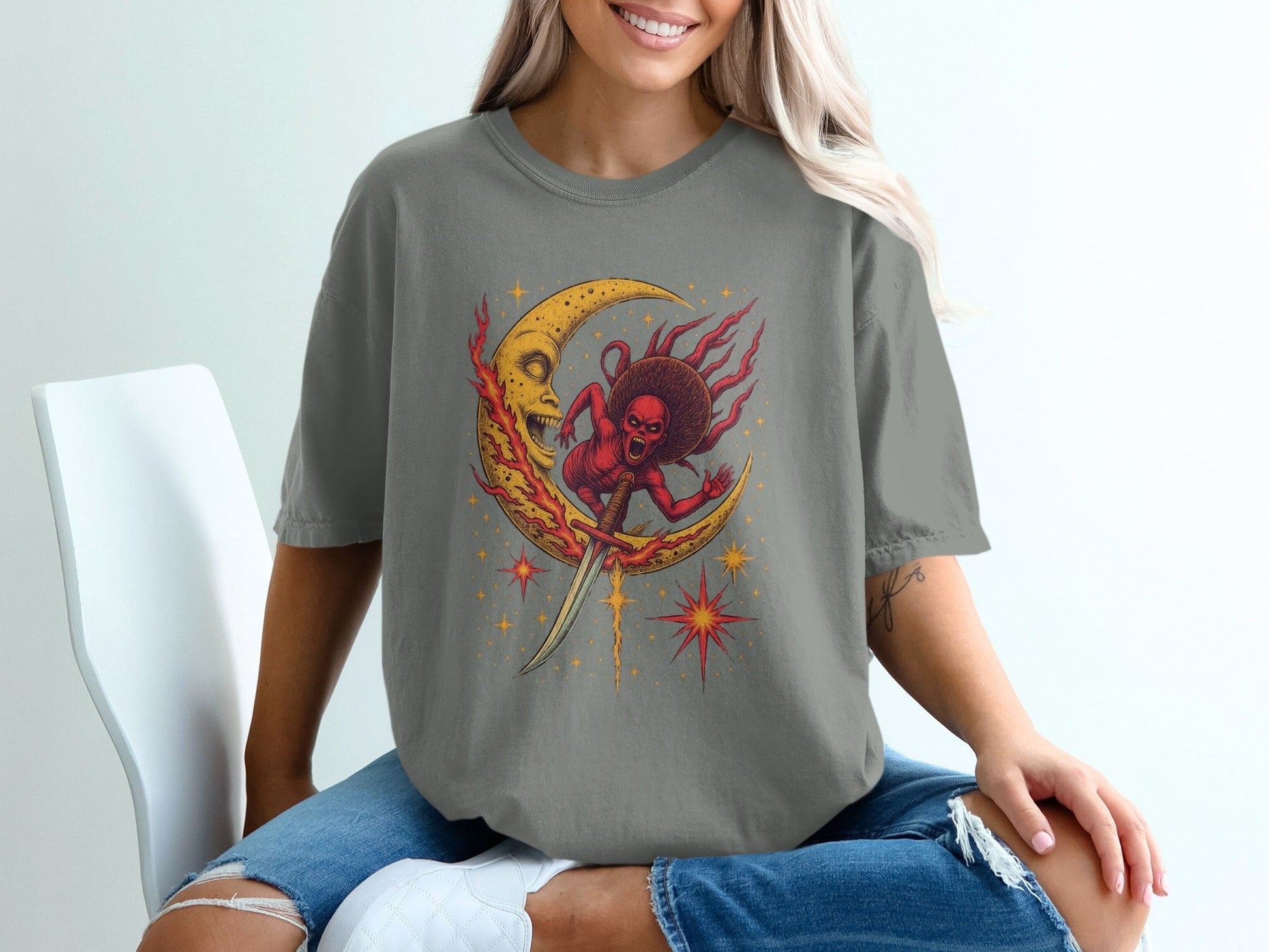Devil Moon Design Featuring Sword Stars Illustrated T-Shirt - IconVexa