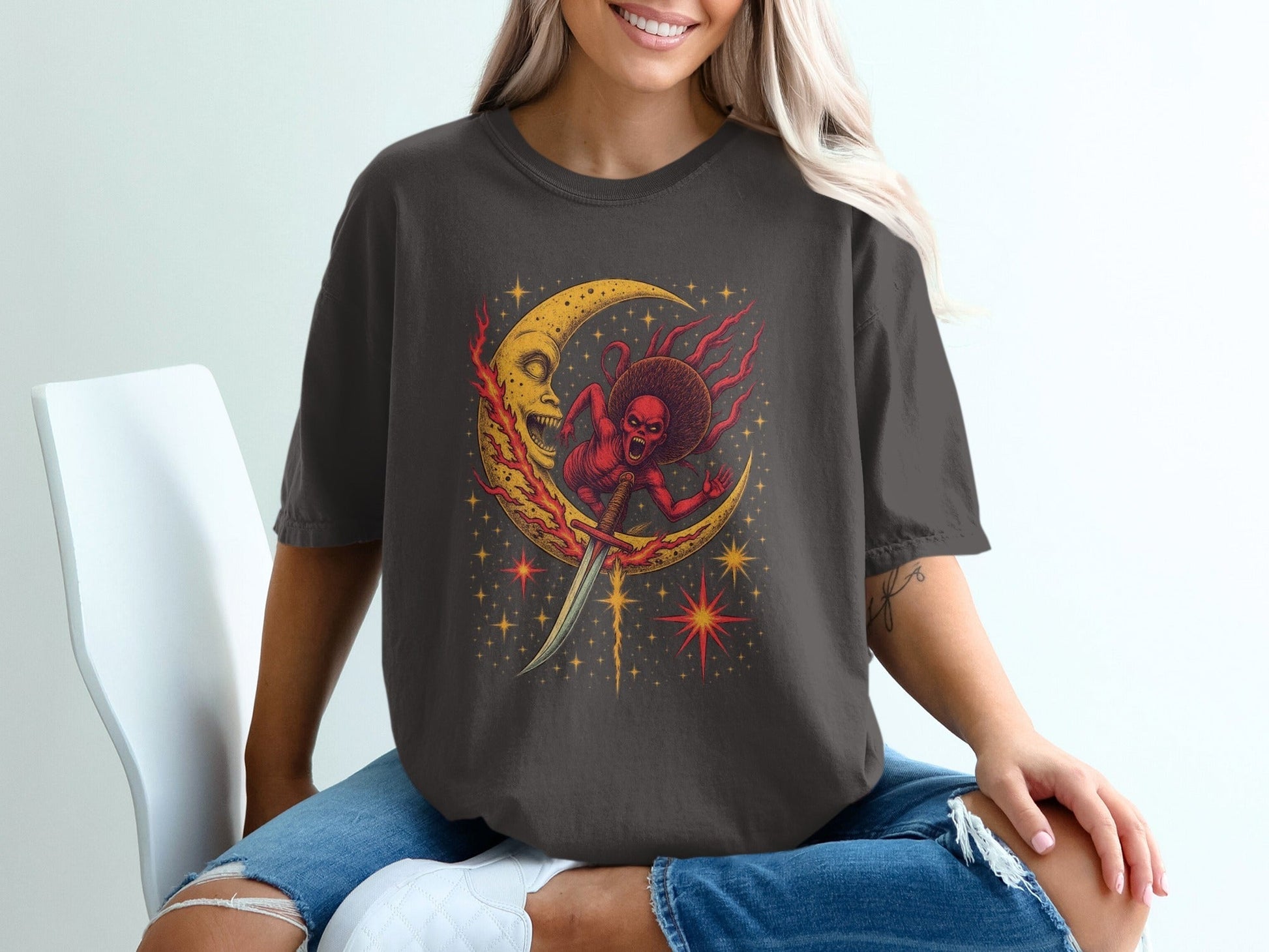 Devil Moon Design Featuring Sword Stars Illustrated T-Shirt - IconVexa