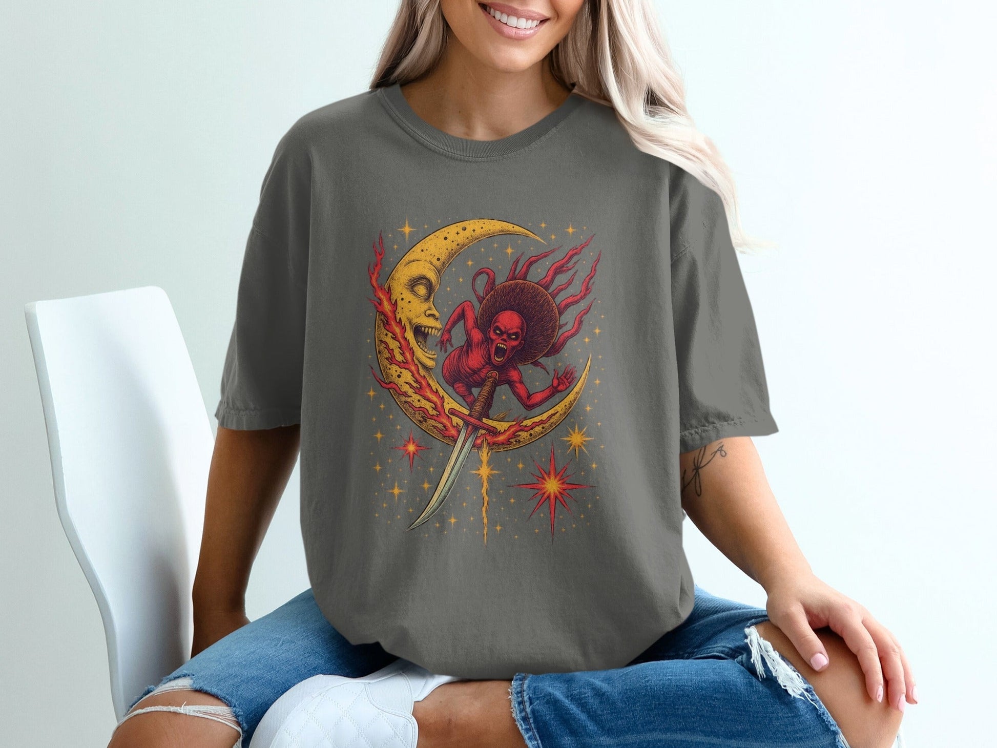 Devil Moon Design Featuring Sword Stars Illustrated T-Shirt - IconVexa