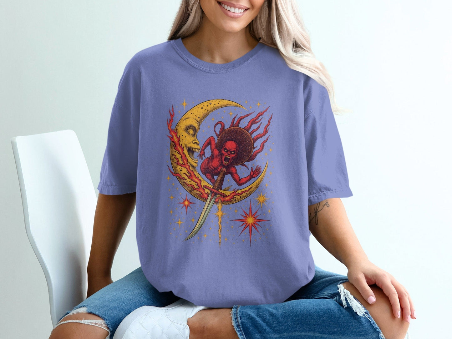 Devil Moon Design Featuring Sword Stars Illustrated T-Shirt - IconVexa