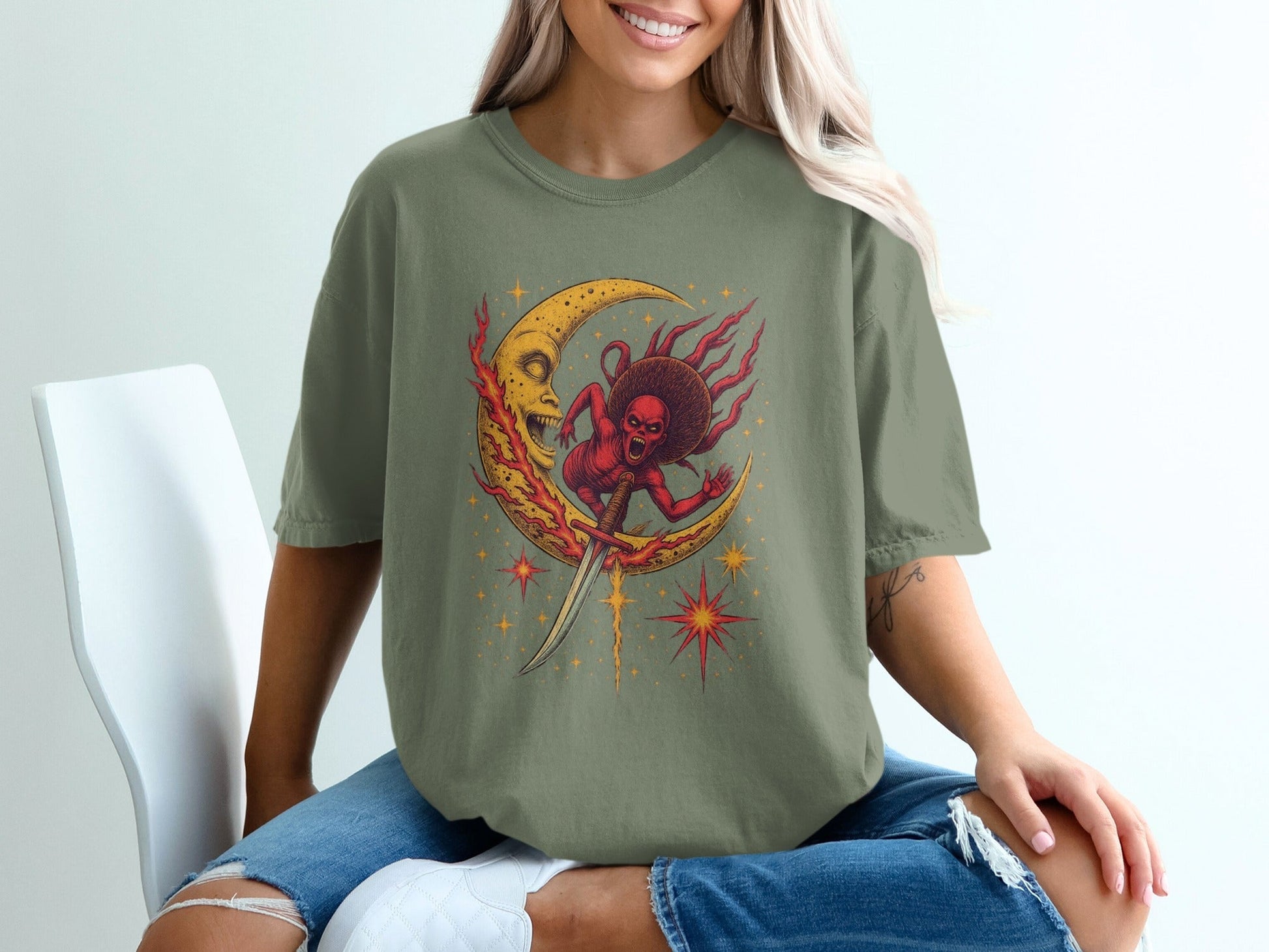 Devil Moon Design Featuring Sword Stars Illustrated T-Shirt - IconVexa