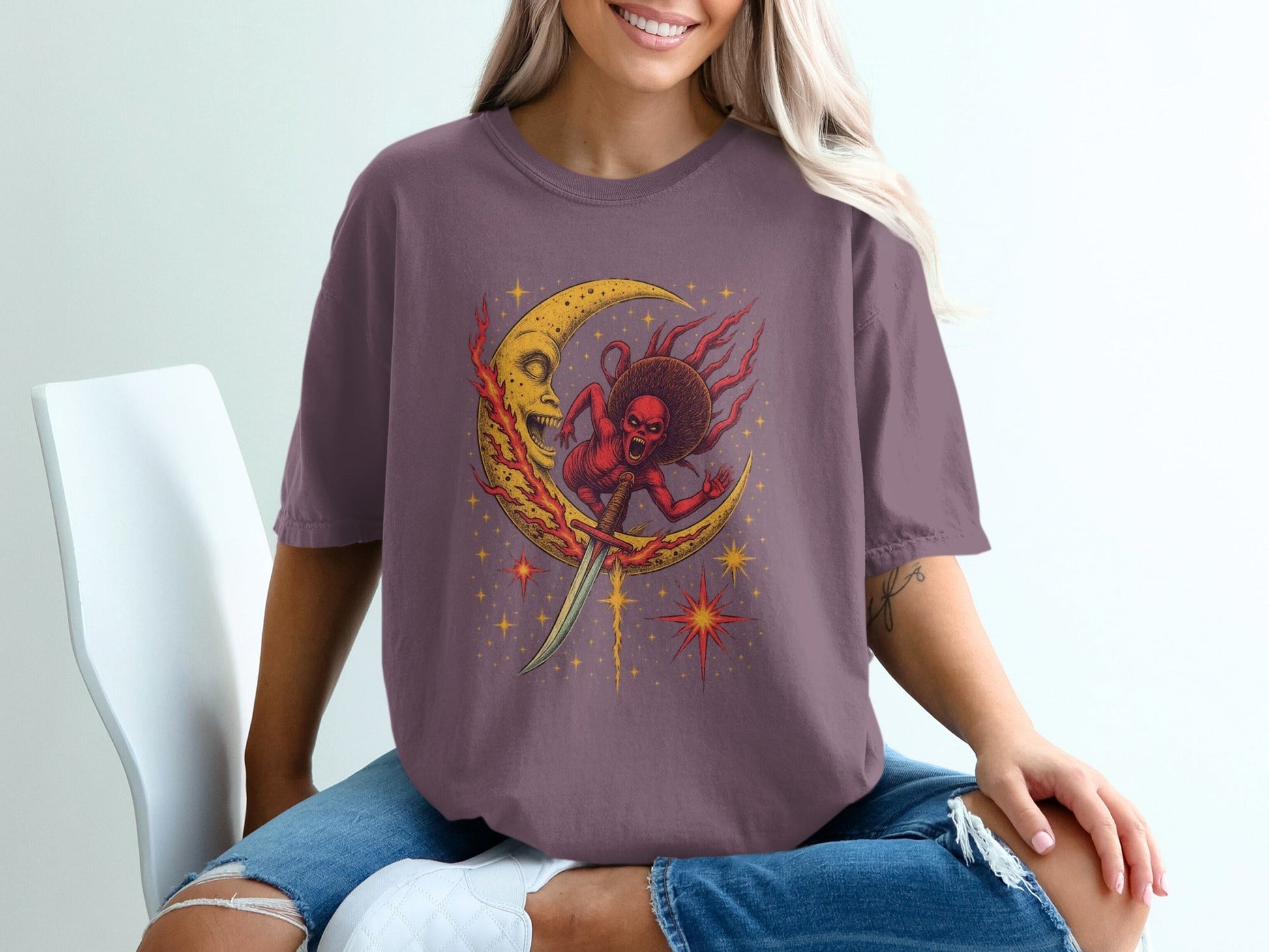 Devil Moon Design Featuring Sword Stars Illustrated T-Shirt - IconVexa