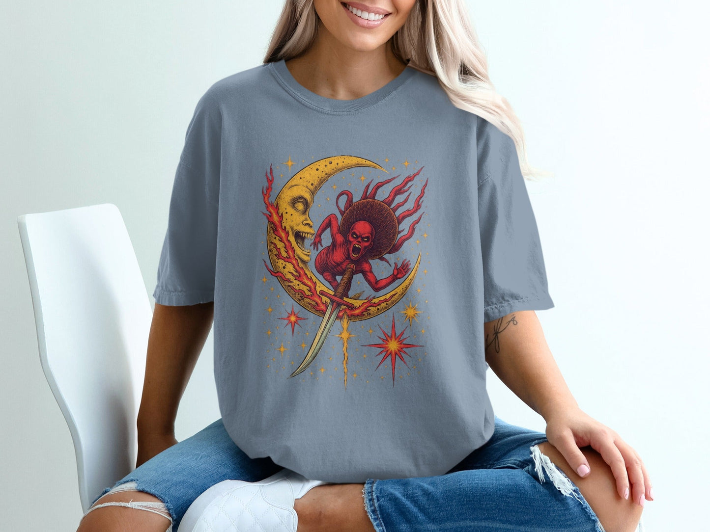 Devil Moon Design Featuring Sword Stars Illustrated T-Shirt - IconVexa