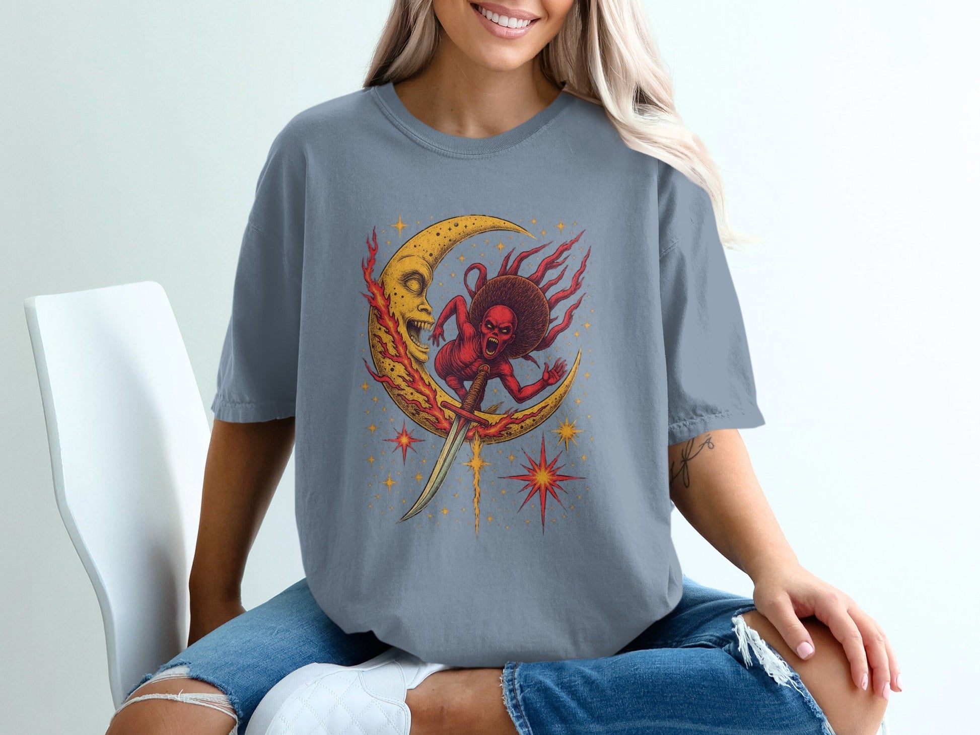 Devil Moon Design Featuring Sword Stars Illustrated T-Shirt - IconVexa