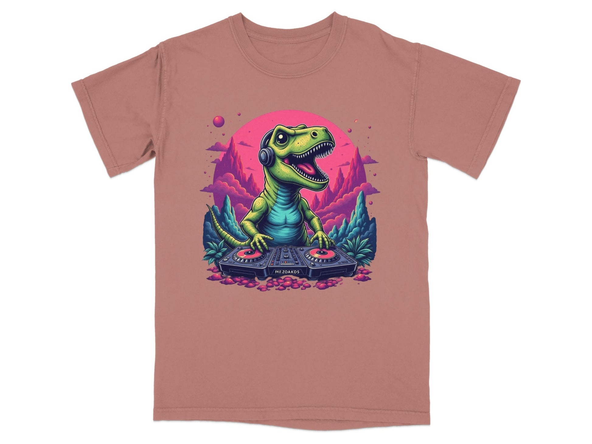 Dino DJ Mixing Music with Headphones Cartoon T-Shirt - IconVexa