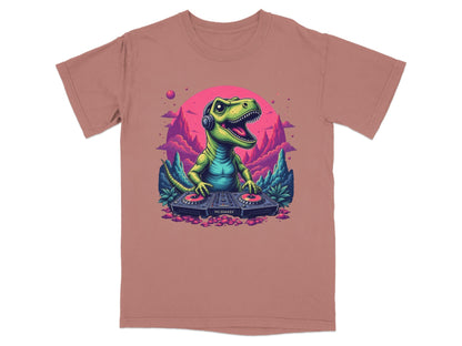 Dino DJ Mixing Music with Headphones Cartoon T-Shirt - IconVexa