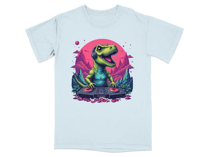 Dino DJ Mixing Music with Headphones Cartoon T-Shirt - IconVexa
