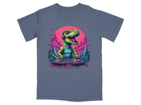 Dino DJ Mixing Music with Headphones Cartoon T-Shirt - IconVexa