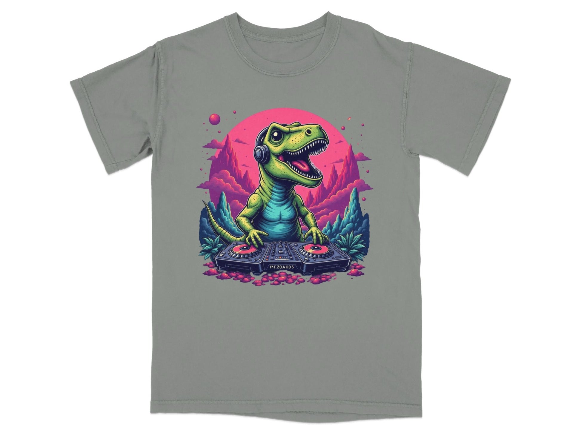 Dino DJ Mixing Music with Headphones Cartoon T-Shirt - IconVexa