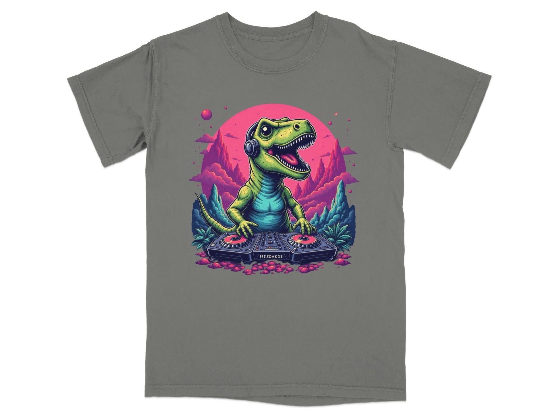 Dino DJ Mixing Music with Headphones Cartoon T-Shirt - IconVexa