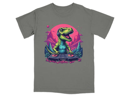 Dino DJ Mixing Music with Headphones Cartoon T-Shirt - IconVexa