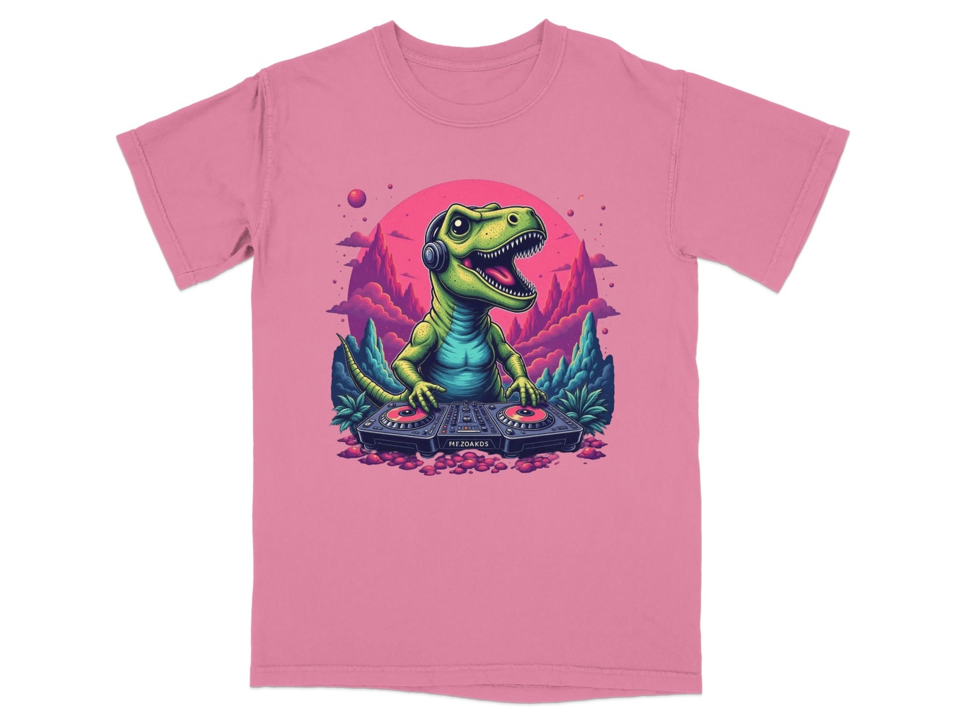 Dino DJ Mixing Music with Headphones Cartoon T-Shirt - IconVexa
