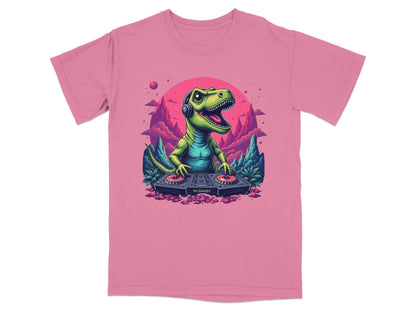 Dino DJ Mixing Music with Headphones Cartoon T-Shirt - IconVexa