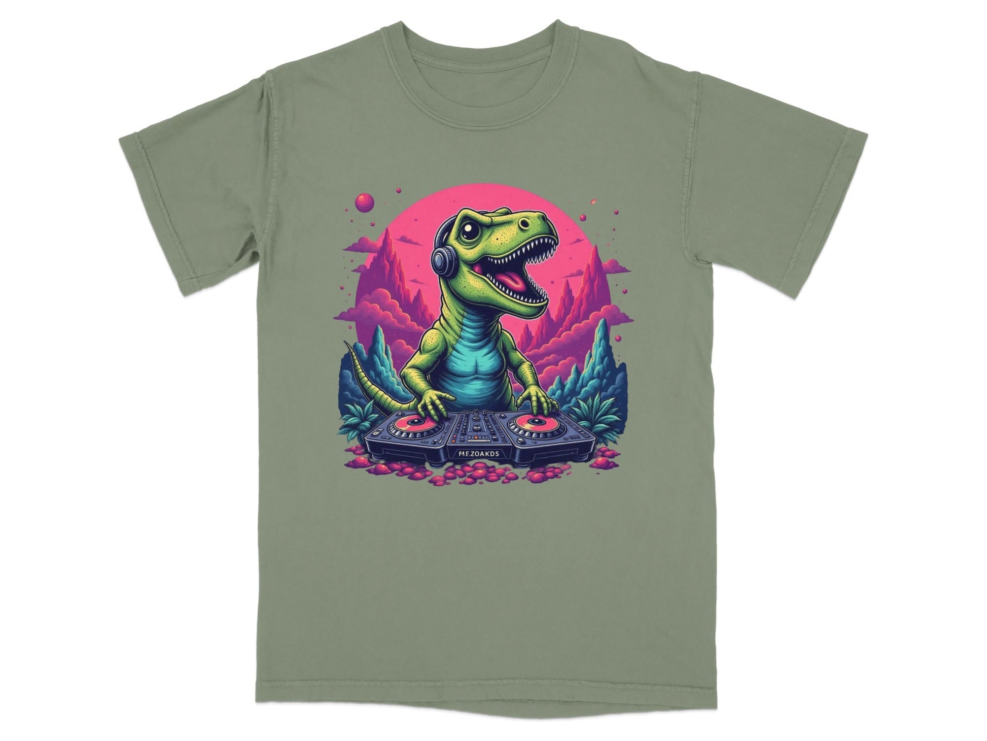 Dino DJ Mixing Music with Headphones Cartoon T-Shirt - IconVexa