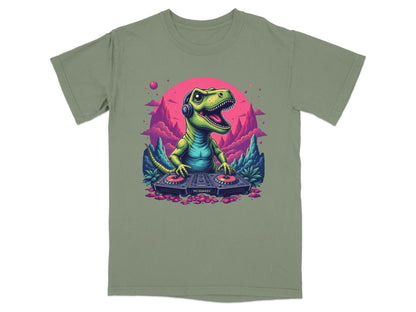 Dino DJ Mixing Music with Headphones Cartoon T-Shirt - IconVexa