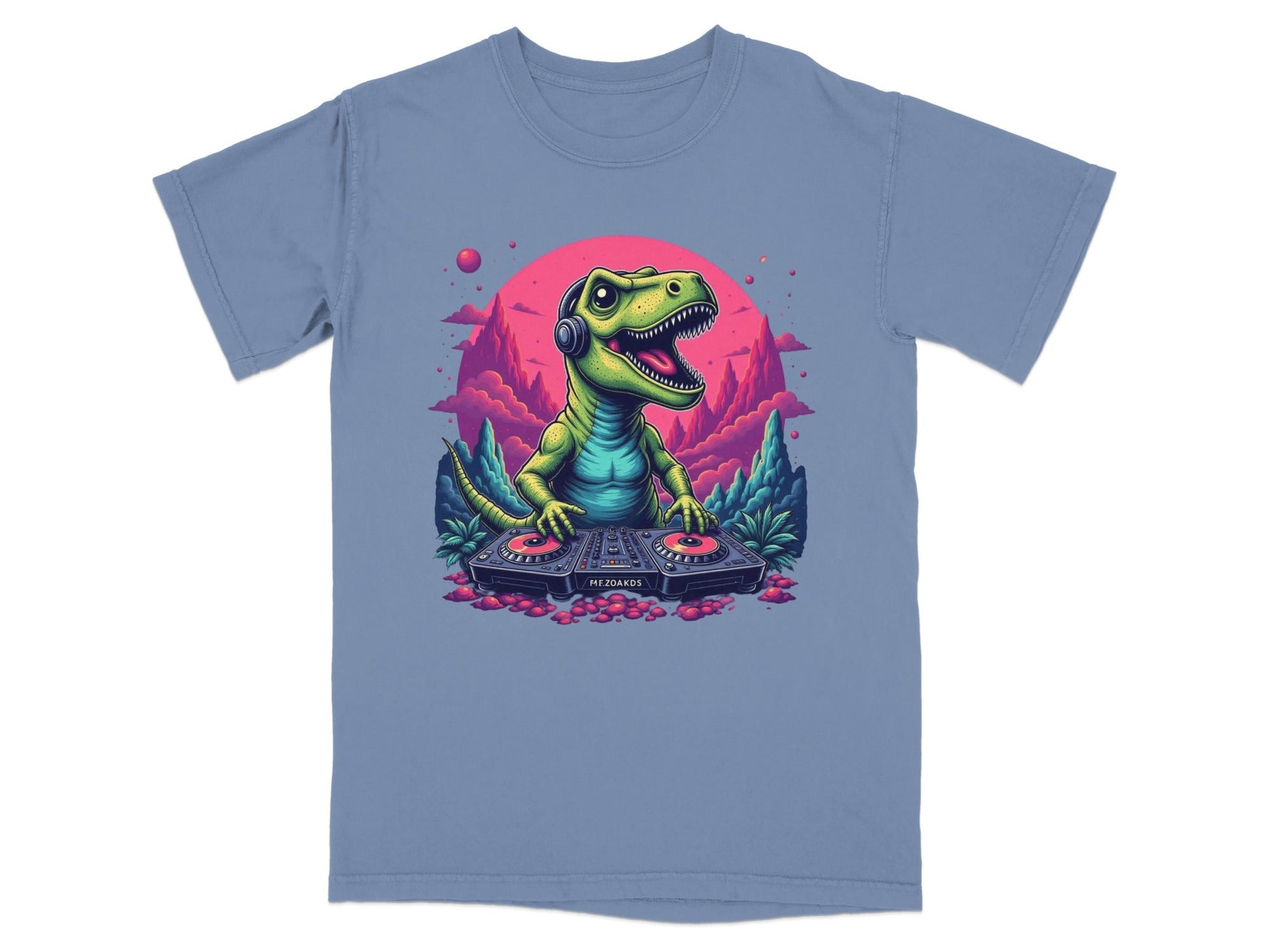 Dino DJ Mixing Music with Headphones Cartoon T-Shirt - IconVexa