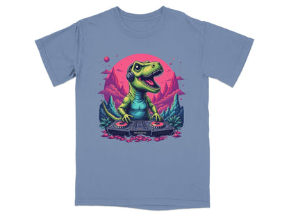 Dino DJ Mixing Music with Headphones Cartoon T-Shirt - IconVexa