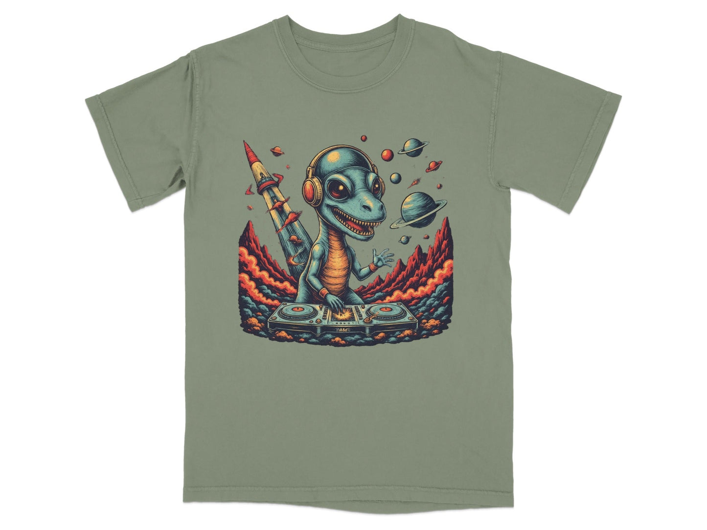 Dino DJ Space Party Cool Music Reptile Art T-Shirt - IconVexa