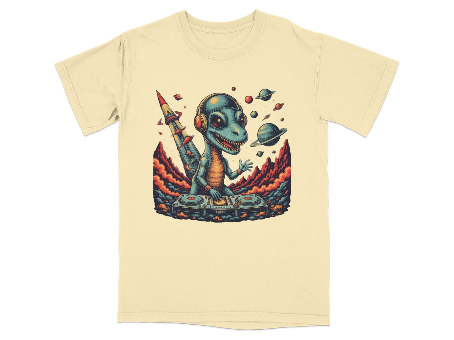 Dino DJ Space Party Cool Music Reptile Art T-Shirt - IconVexa