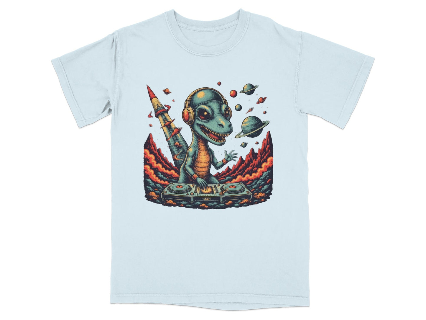 Dino DJ Space Party Cool Music Reptile Art T-Shirt - IconVexa