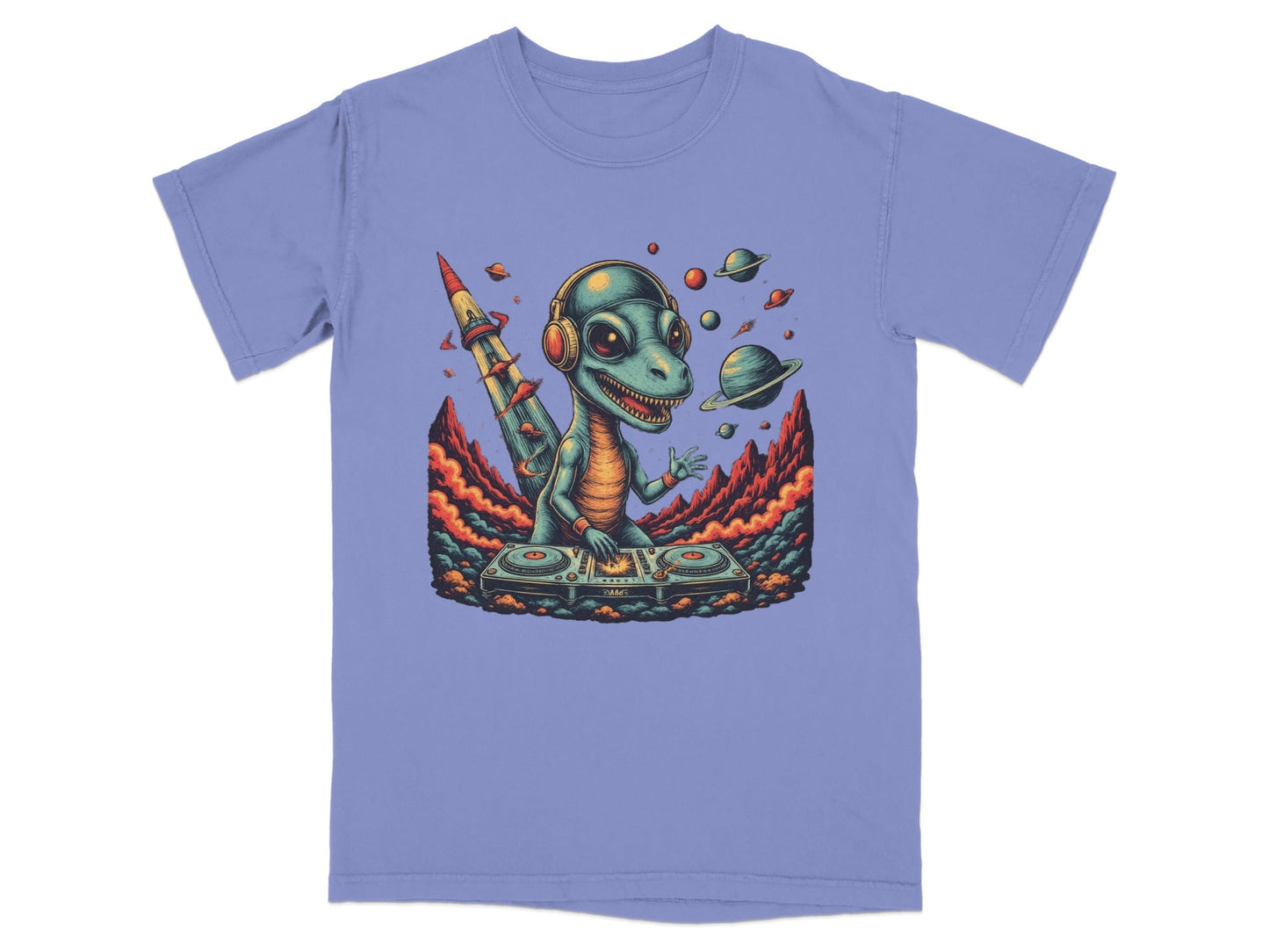 Dino DJ Space Party Cool Music Reptile Art T-Shirt - IconVexa