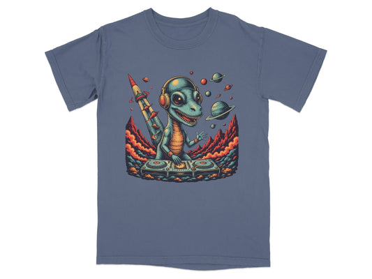 Dino DJ Space Party Cool Music Reptile Art T-Shirt - IconVexa