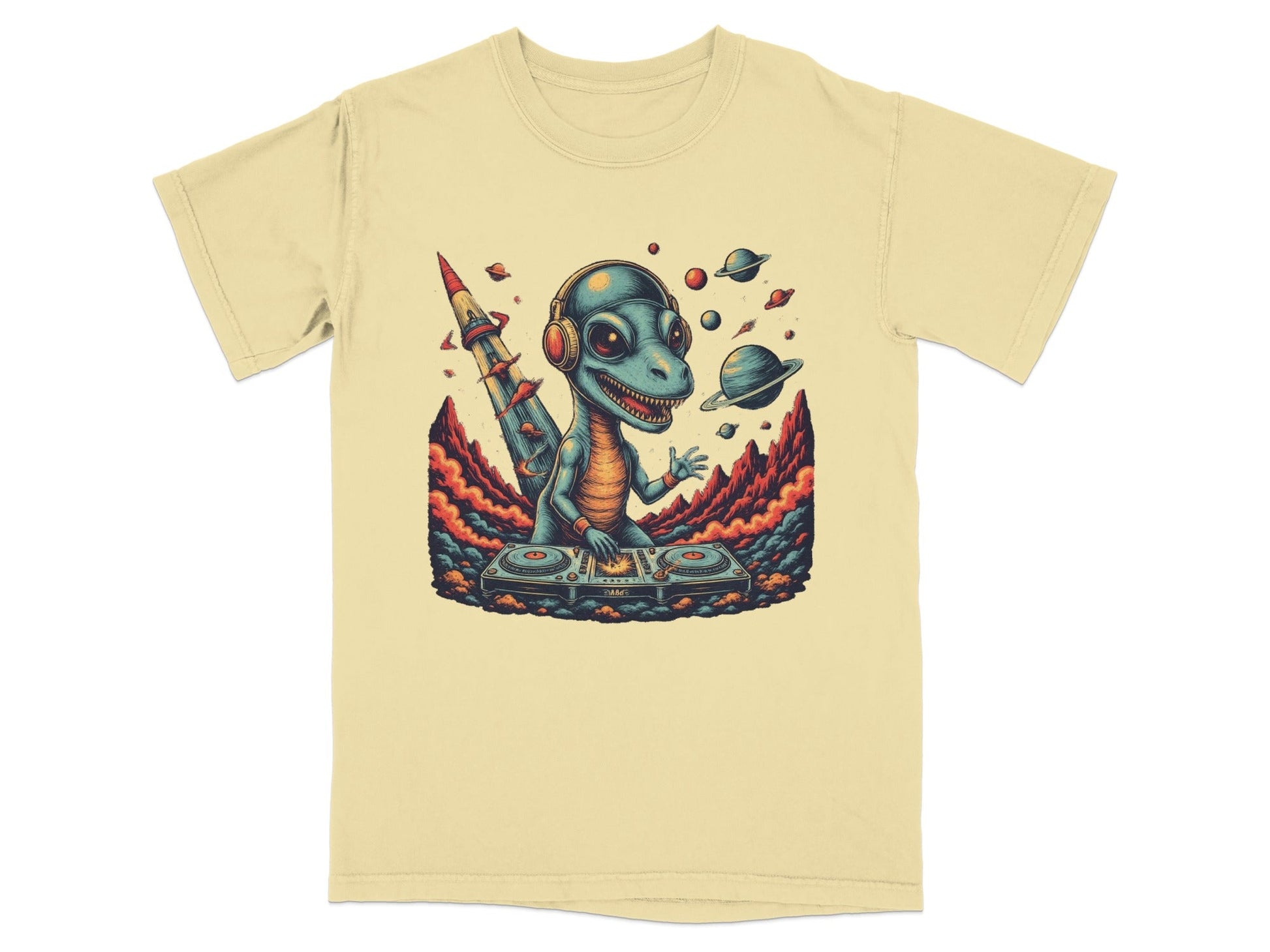 Dino DJ Space Party Cool Music Reptile Art T-Shirt - IconVexa