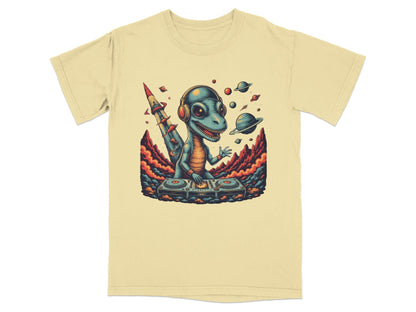 Dino DJ Space Party Cool Music Reptile Art T-Shirt - IconVexa