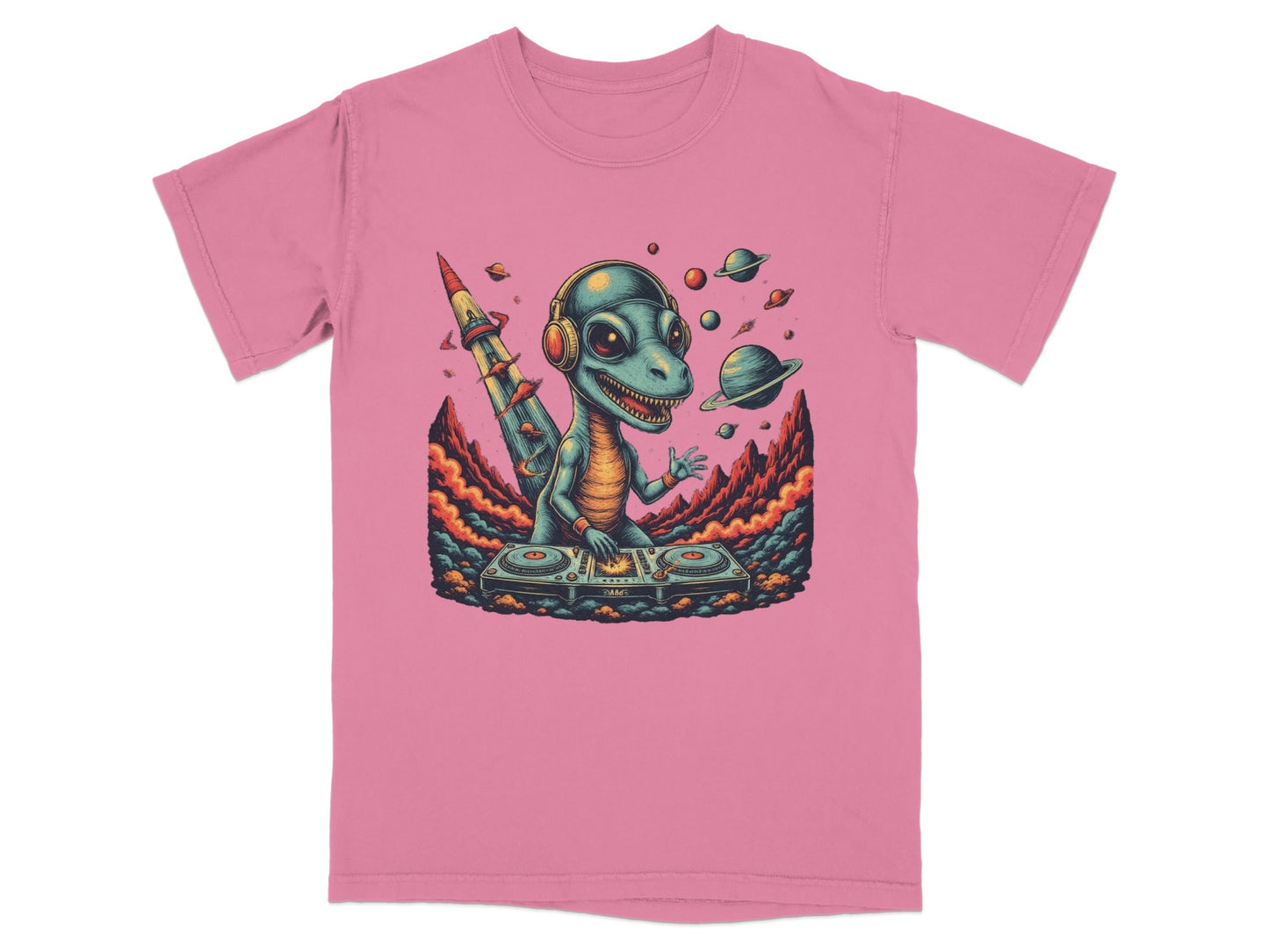 Dino DJ Space Party Cool Music Reptile Art T-Shirt - IconVexa