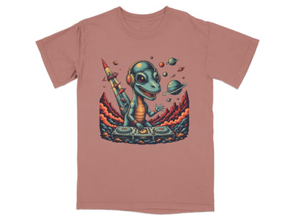 Dino DJ Space Party Cool Music Reptile Art T-Shirt - IconVexa