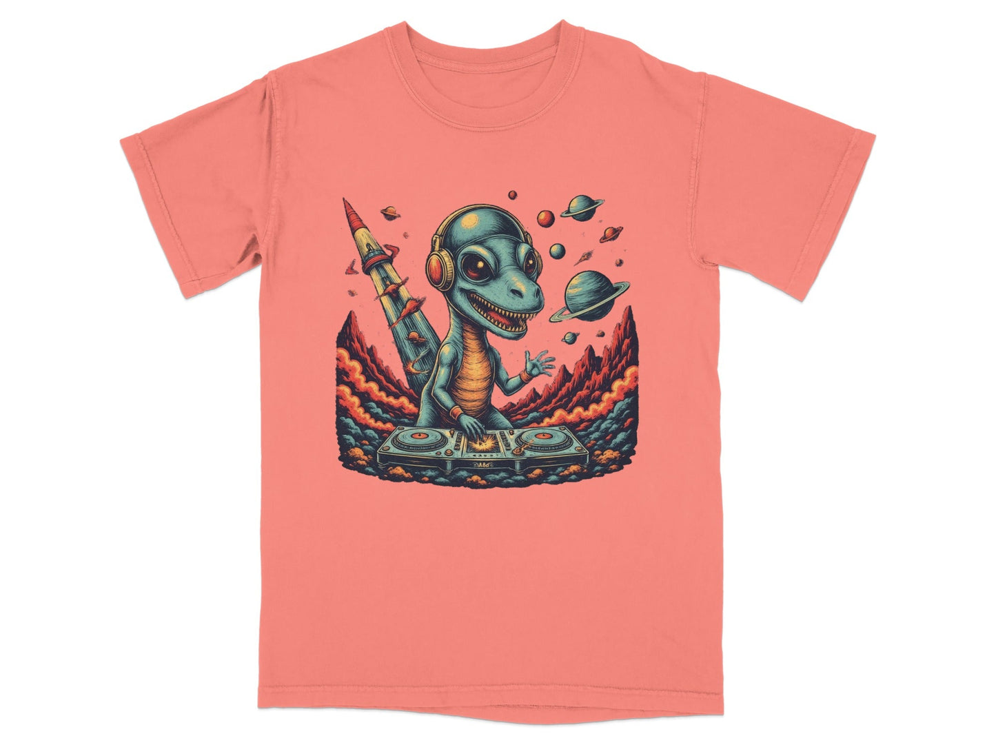 Dino DJ Space Party Cool Music Reptile Art T-Shirt - IconVexa