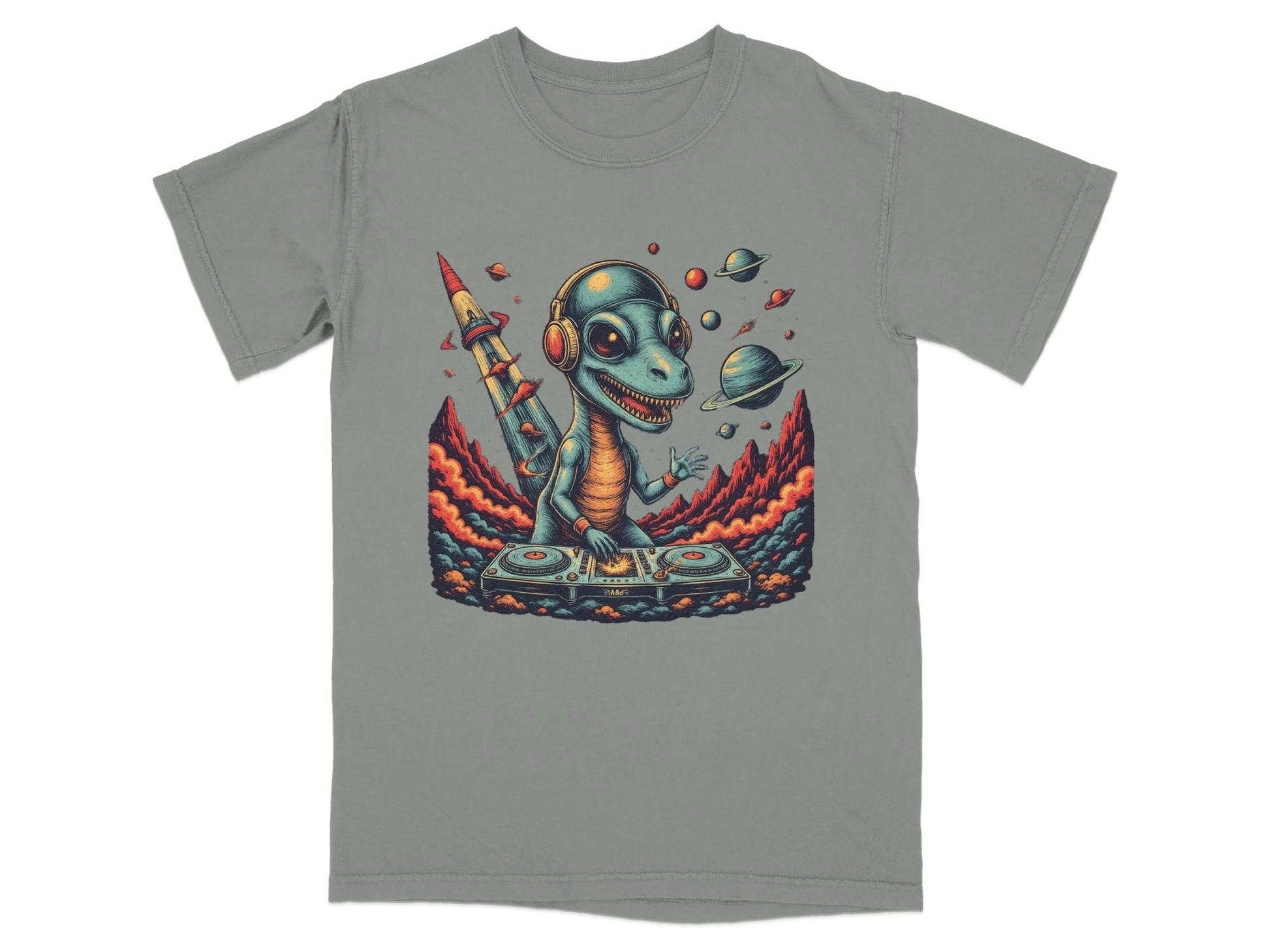Dino DJ Space Party Cool Music Reptile Art T-Shirt - IconVexa