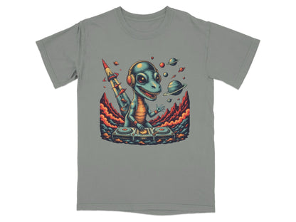 Dino DJ Space Party Cool Music Reptile Art T-Shirt - IconVexa