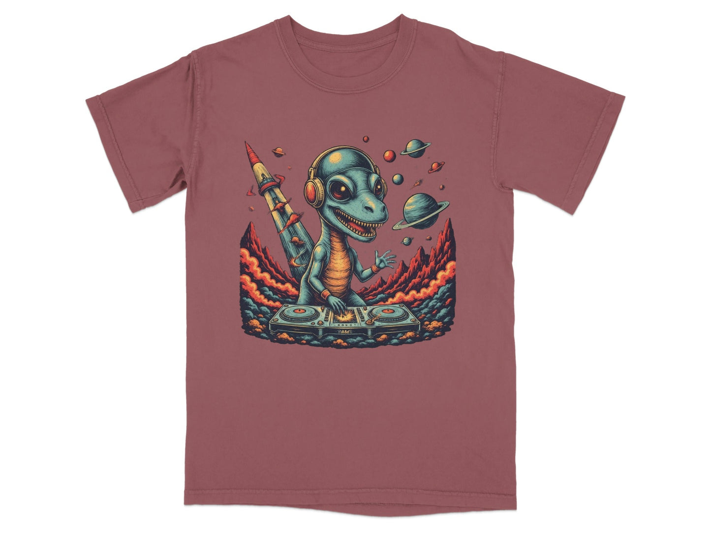 Dino DJ Space Party Cool Music Reptile Art T-Shirt - IconVexa