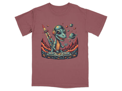 Dino DJ Space Party Cool Music Reptile Art T-Shirt - IconVexa
